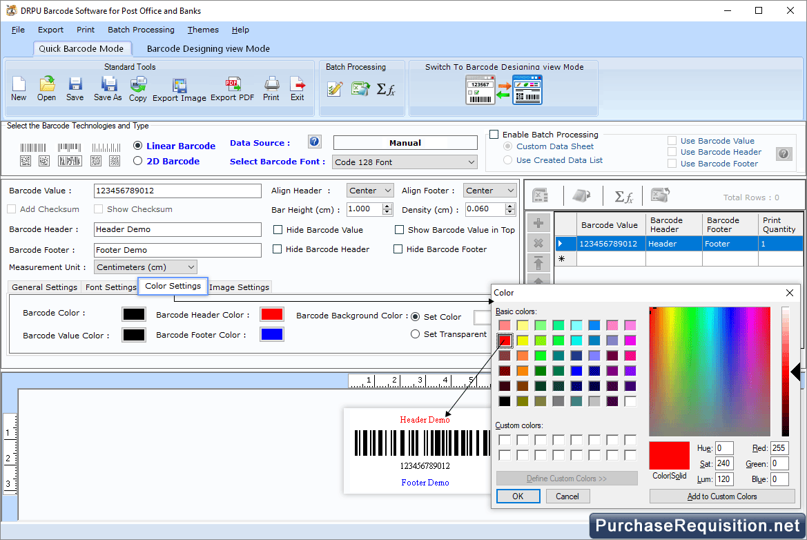 Barcode Maker for Post Office and Bank Color Settings